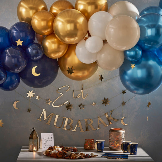 Blau / Gold "Eid Mubarak" Ballongirlande